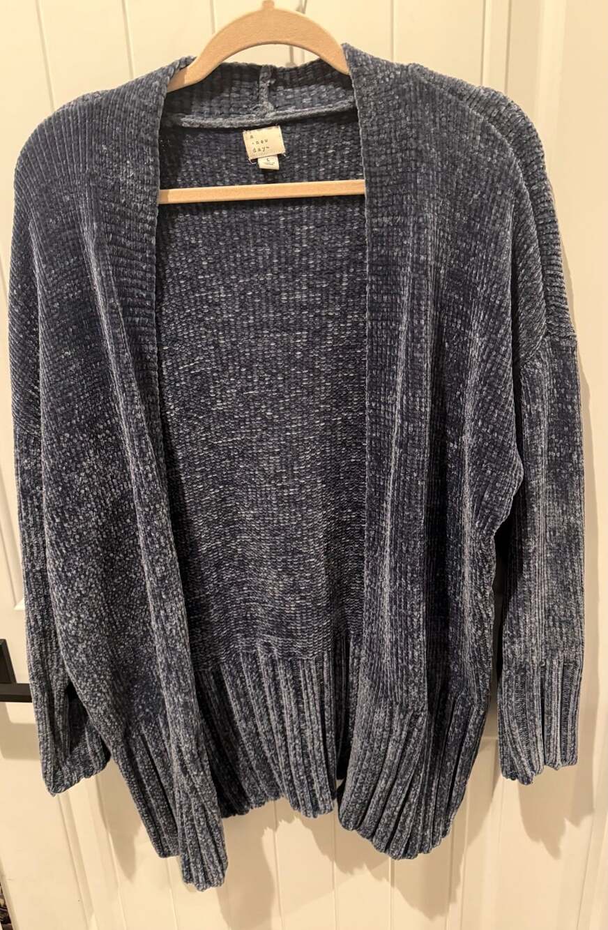 A New Day Chenille Cardigan Size L Blue Open Front Sweater